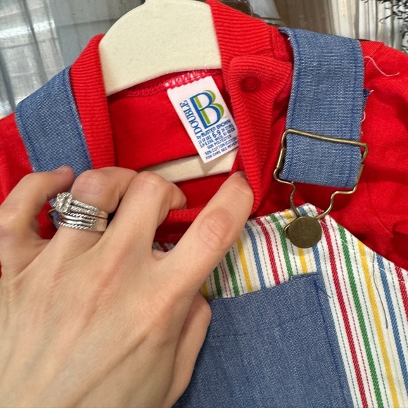 Vintage 1980s Buster Brown DoubleB Rainbow Stripes overalls baby boy sweater set - Picture 2 of 6